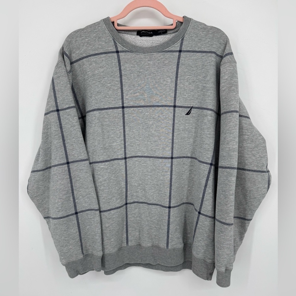 Nautica Men's Gray Plaid Crewneck Sweater Nautical Coastal Cozy Chic Size Large